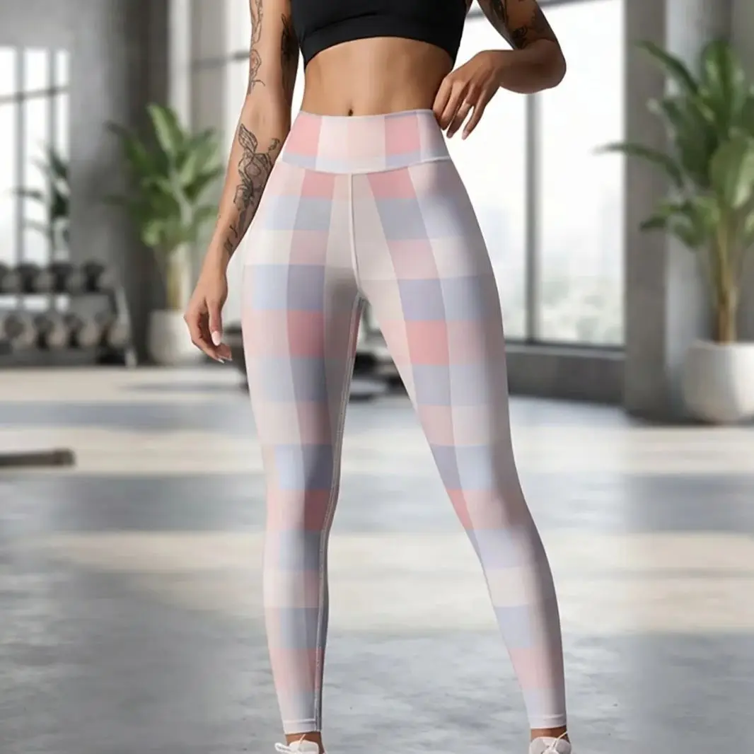 

Розовые, синие, белые женские брюки для йоги с градиентным клетчатым принтом, эластичные быстросохнущие спортивные леггинсы с высокой талией, леггинсы для фитнеса и тренажерного зала.