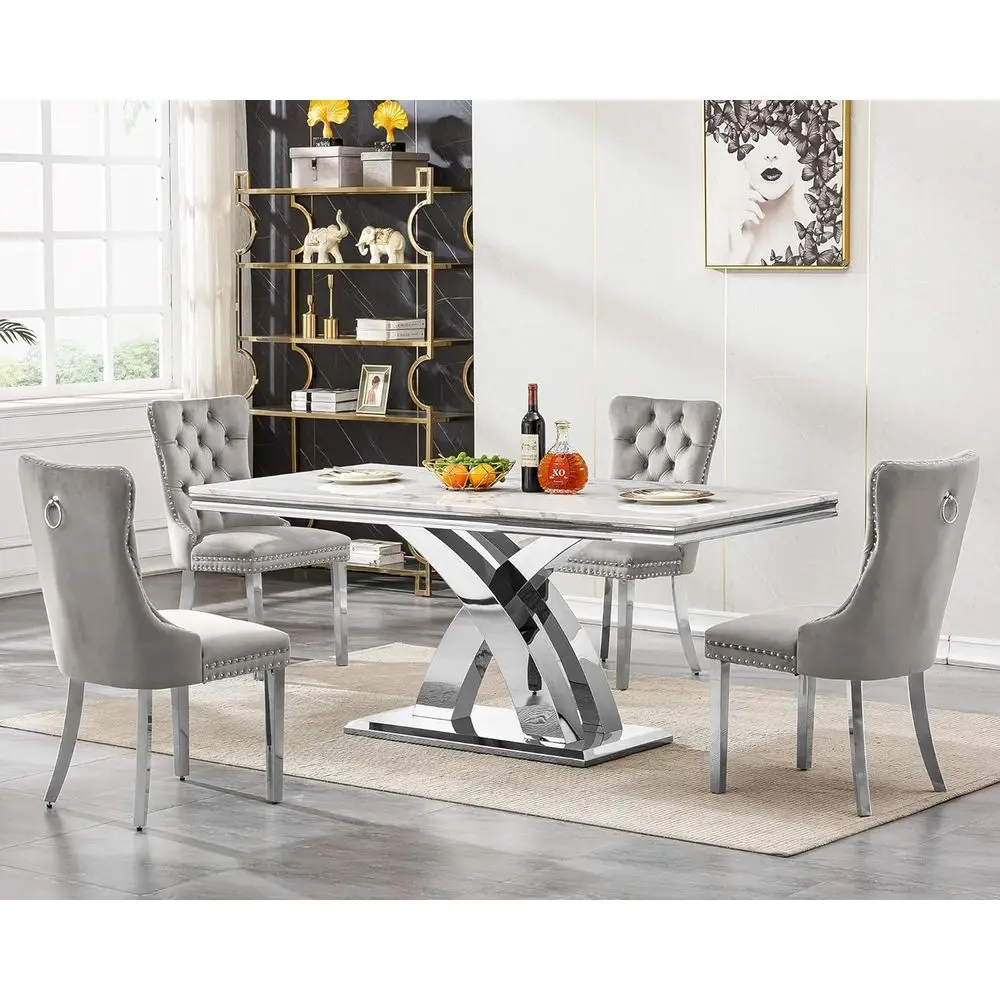 

White Marble 5-Piece Dining Set with Grey Tufted Chairs and Stainless Steel Pillars