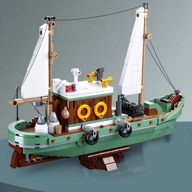 Fishing Boat Building Blocks Ship Fisherman Figures Compatible Fishing Store White Shark Bricks Moc Diy Creative Toys Kids Gift