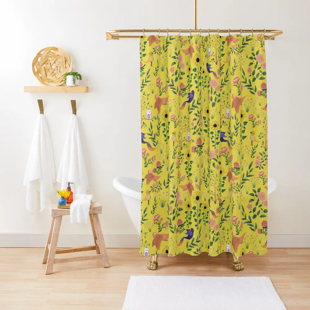 

Mustard Yellow Birds of Spring Whimsical Floral Pattern Shower Curtain Bathtub Anime Bathroom Curtain