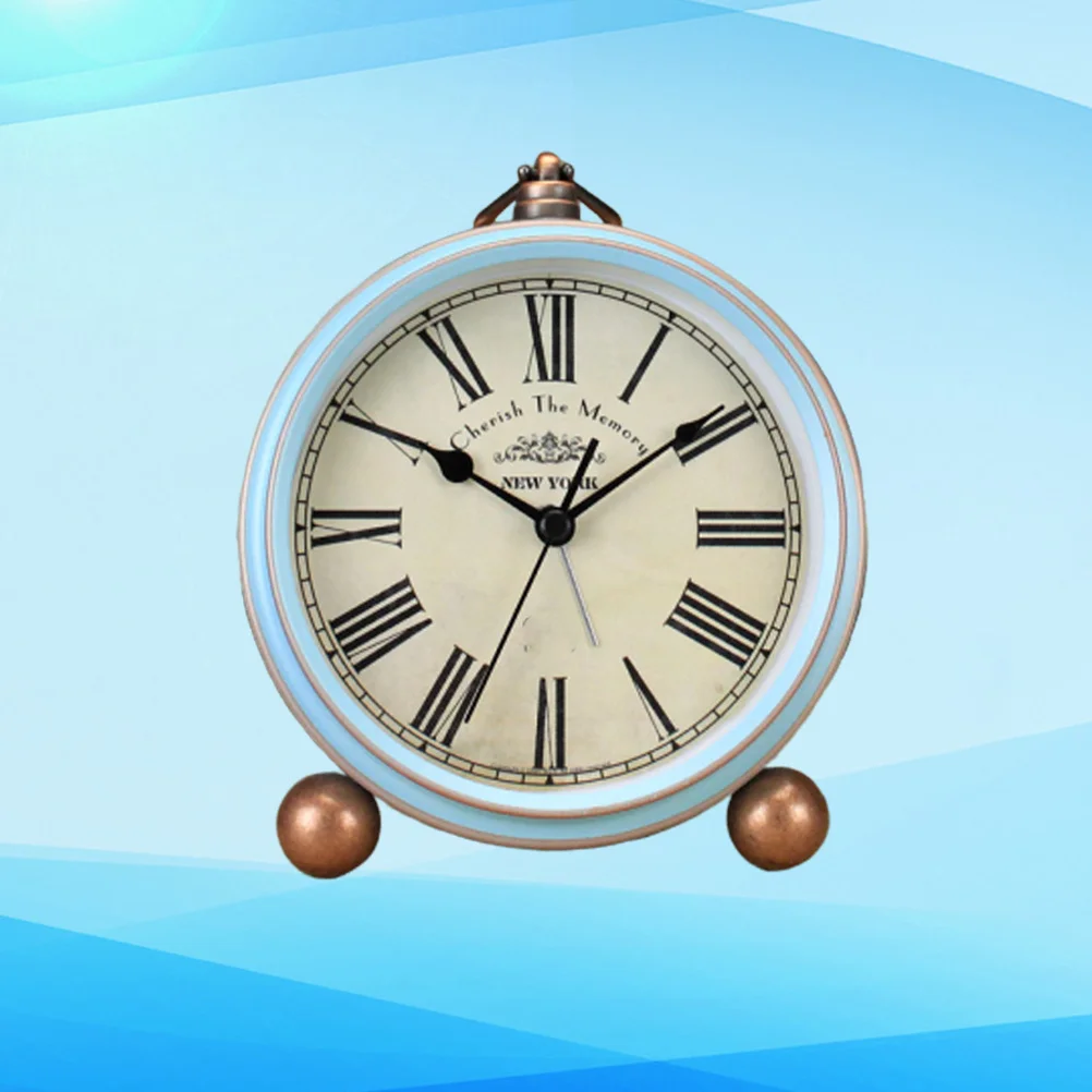 

1pc Retro Desk Alarm Clock Blue Roman Numeral Creative Metal Table Clock For Home Decor Vintage Style No Needed