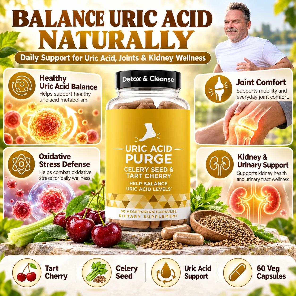 Uric Acid Purge Capsules Balance Uric Acid Improve Joint Comfort Support Kidney Health with Tart Cherry Celery Seed Extract 60ct