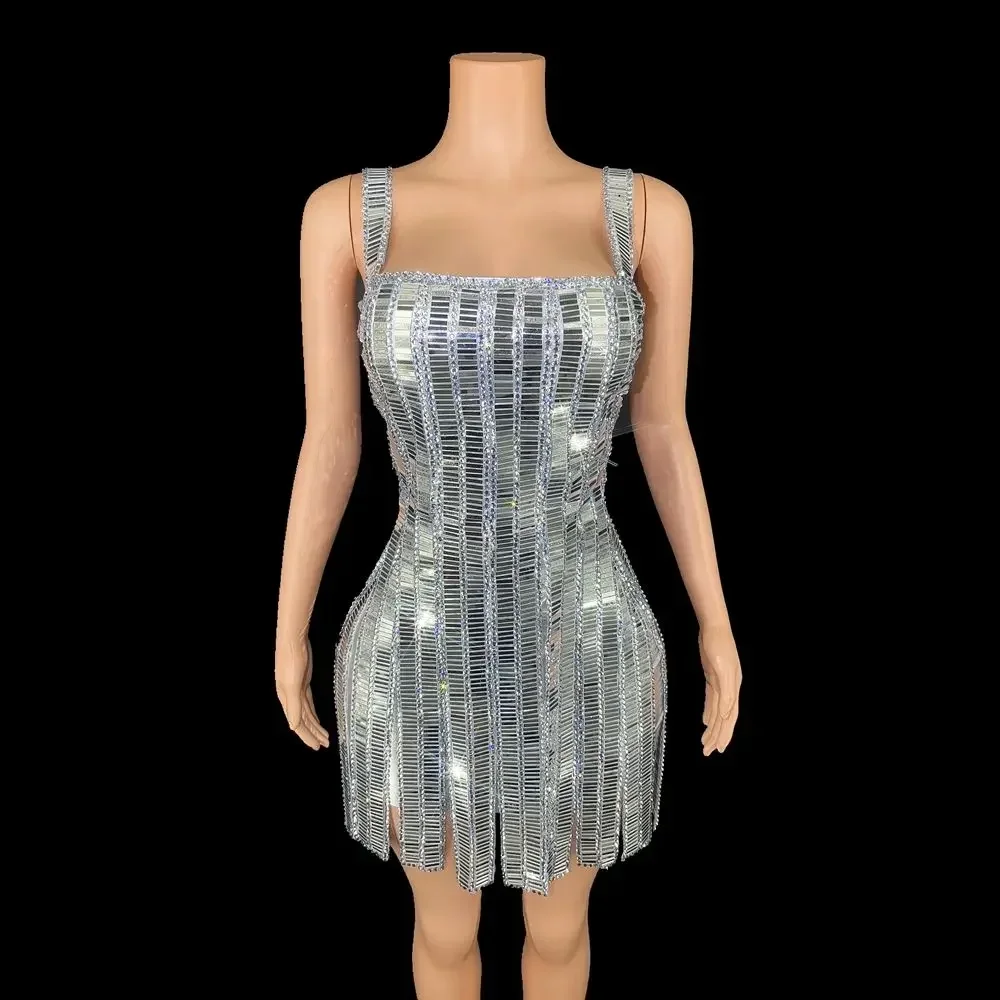 Sparkly Silver Mirrors Strip Short Dress for Women Sexy Performance Dance Costume Singer Dancer Stage Wear Nightclub Outfit