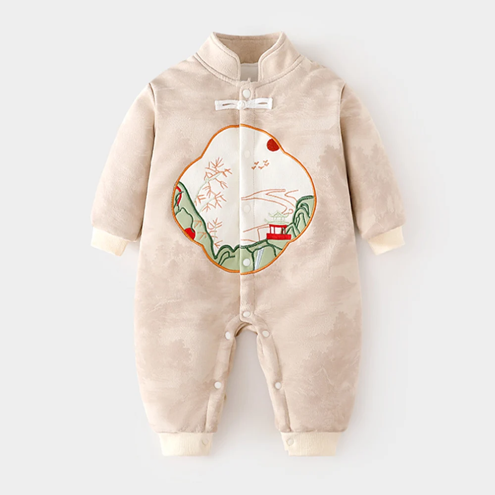 Baby Girl Romper Long Sleeve Flower Embroidery Autumn Winter Warm Chinese Style Newborn Clothes Baby Boy Onesie