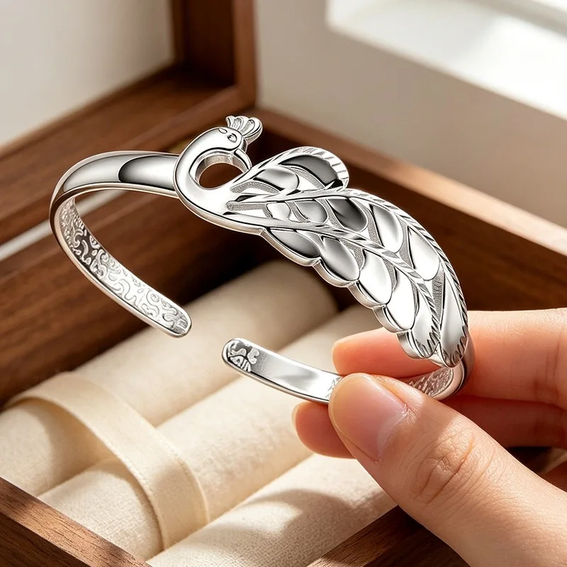 Retro Hollow Peacock Chinese Style 925 Sterling Silver Resizable Opening Bracelet For Women Fine Bangle Luxury Jewelry BR411