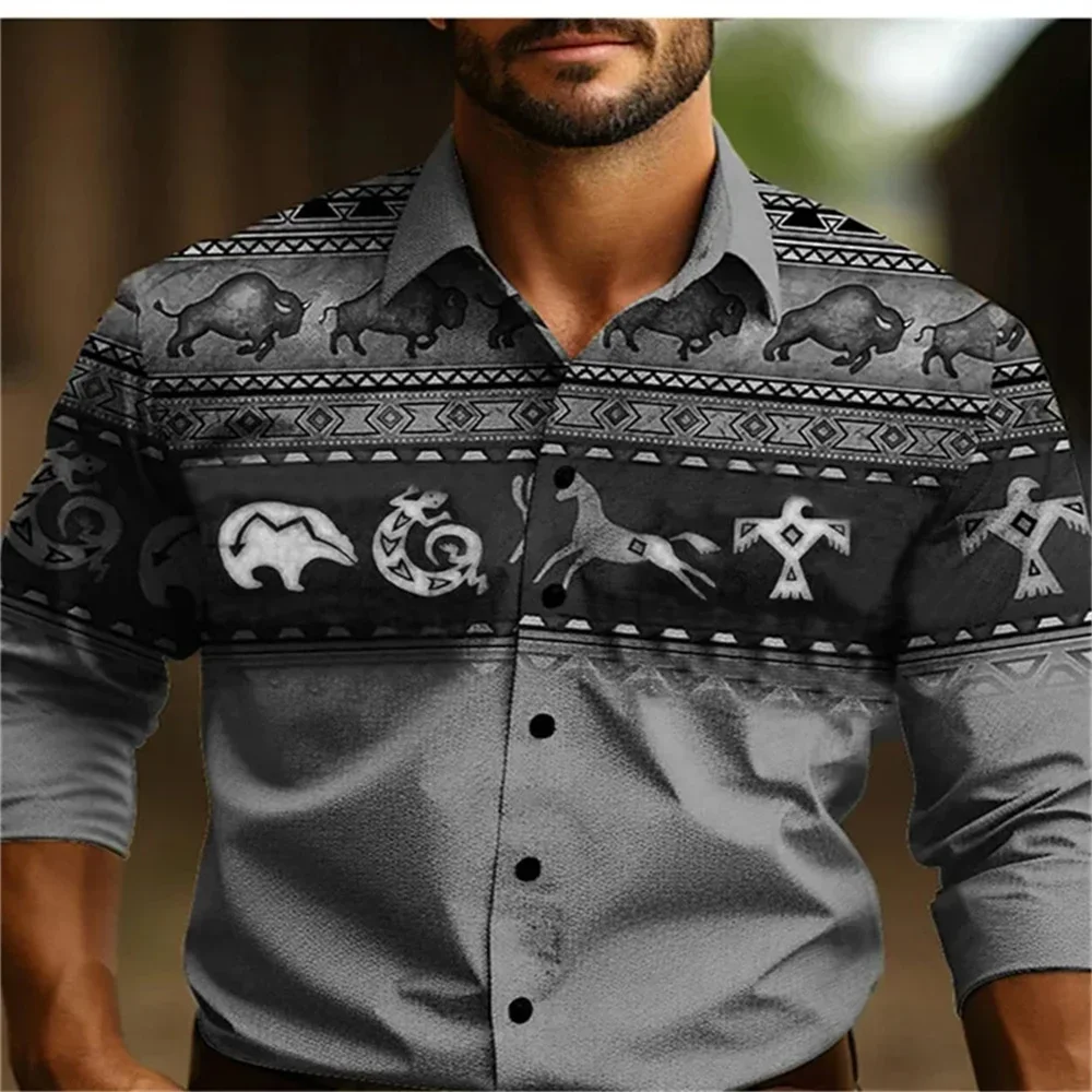 Hot selling men\'s retro Western style printed shirt for outdoor play, comfortable and soft fabric, creative cardigan shirt