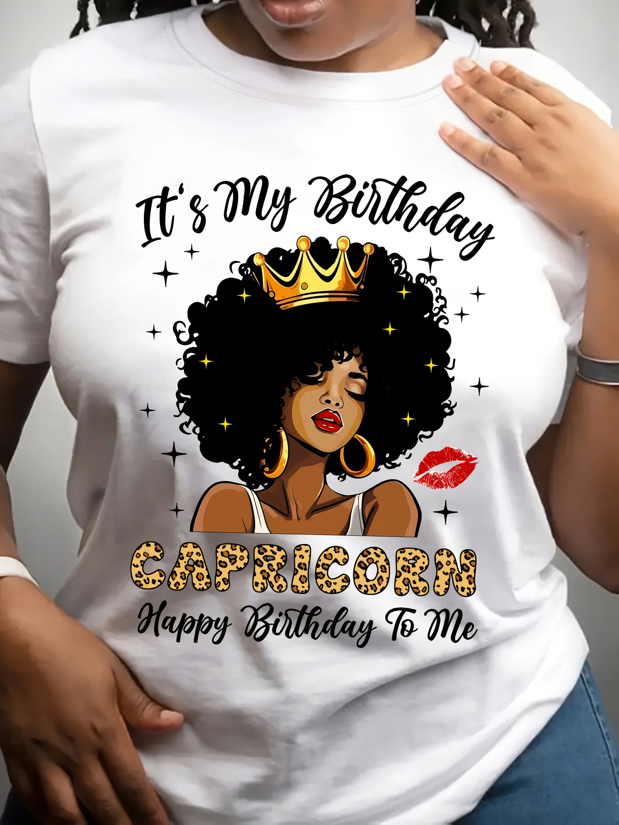 Capricorn Birthday Queen Graphic Tee for Women - Casual Round Neck Short Sleeve, Breathable Polyester Knit, Machine Washable