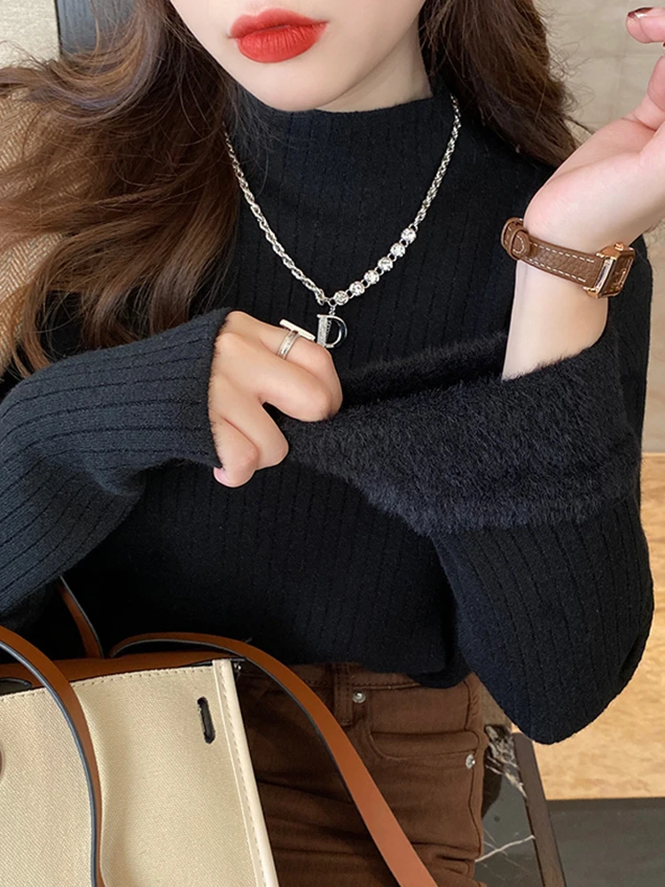 

New Long Sleeve Semi Turtleneck Bottoming Sweater Women Jumper Autumn Winter Thick Warm Tops Pullover Sweaters Elegant Clothes