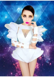 Stage Wear Nightclub Bar Party Show Women singer Female Jazz DJ Dance Costumes White Rhinestone Bodysuit Performance