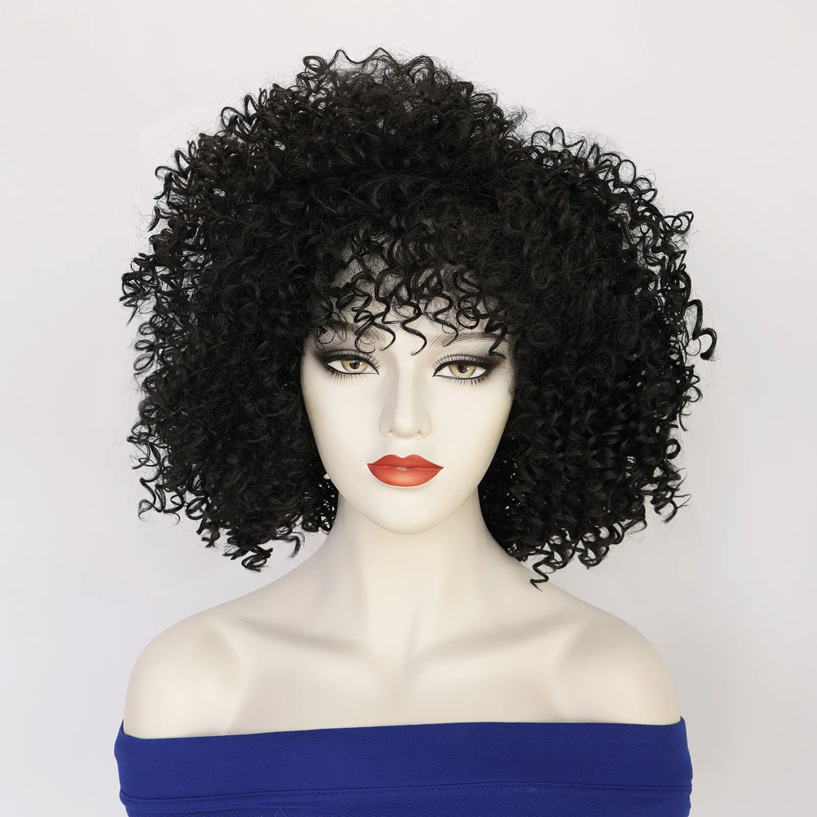 

Synthetic Black Short African Curly Wig, With Dense Small Curls, Fluffy And Natural Texture. Retro Style Cosplay Wig