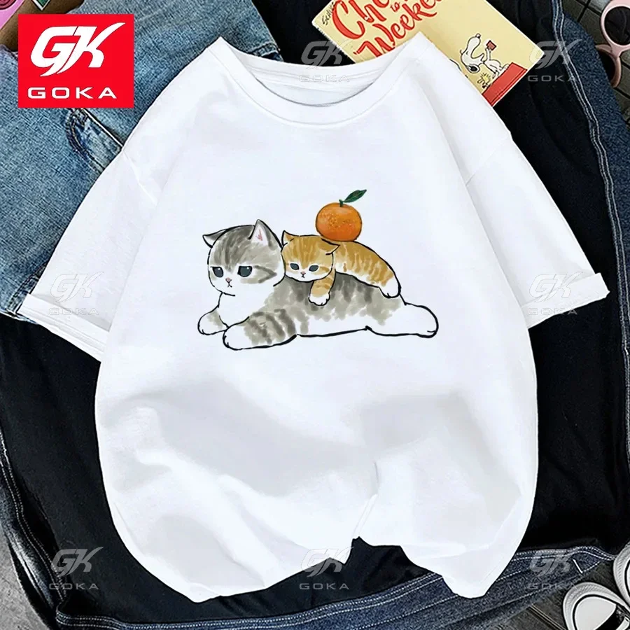 Kawaii Cat Women Print Cotton T Shirt Girl Animal Y2K Fashion 90S Harajuku Print Tees Gril Black White Summer Clothes T Shirts