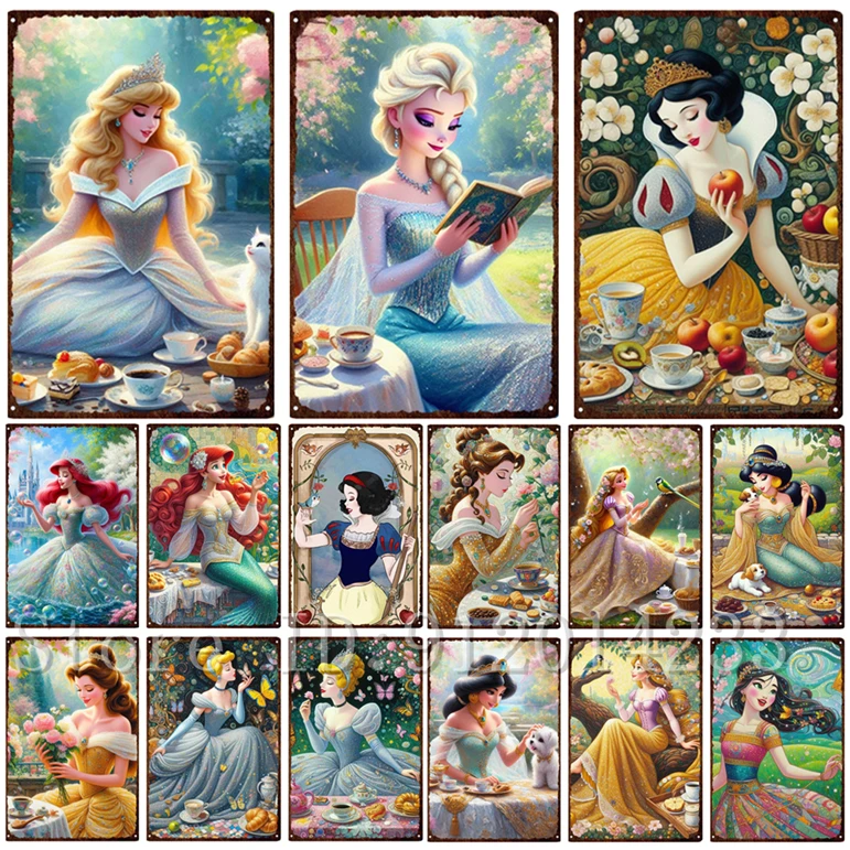 Disney Princess Metal Tin Sign Cinderella Ariel Belle Snow White Elsa Jasmine Classic Cartoon Figure Tin Plates for Room Decor