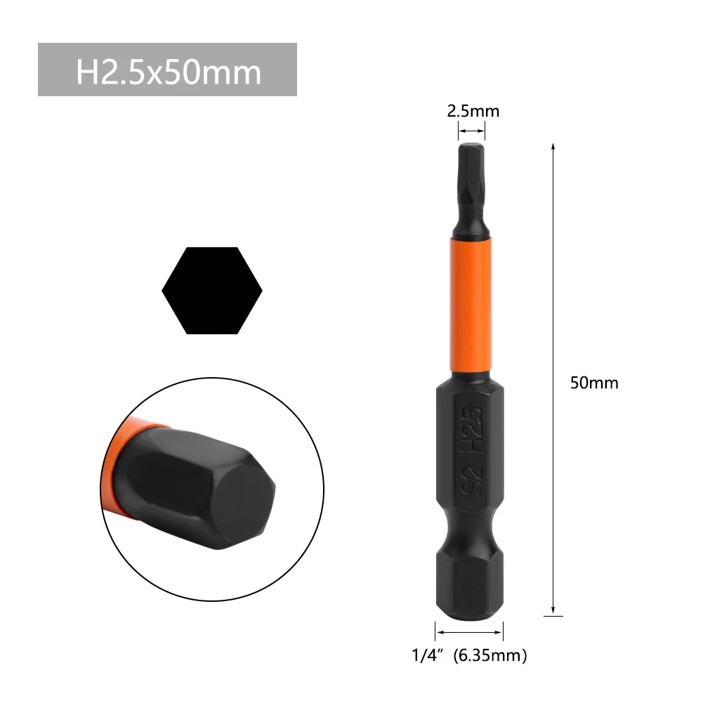 1pc 50mm Hex Head Screwdriver Bit 1/4 Hex Quick Change Impact Driver Magnetic Screwdriver Drill Bits H1.5 H2.0 H2.5 H3 H4 H5 H6