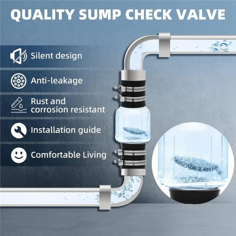 ELEG-Sump Pump Check Valve With Stainless Clamps, 2 Inch Quiet Design, Fits 7-1/4