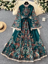 France Elegant Vintage Palace Evening Dress Women Print Sashes Button Long Party Dress Female Casual Holiday Luxury Clothing New