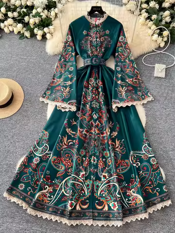 France Elegant Vintage Palace Evening Dress Women Print Sashes Button Long Party Dress Female Casual Holiday Luxury Clothing New