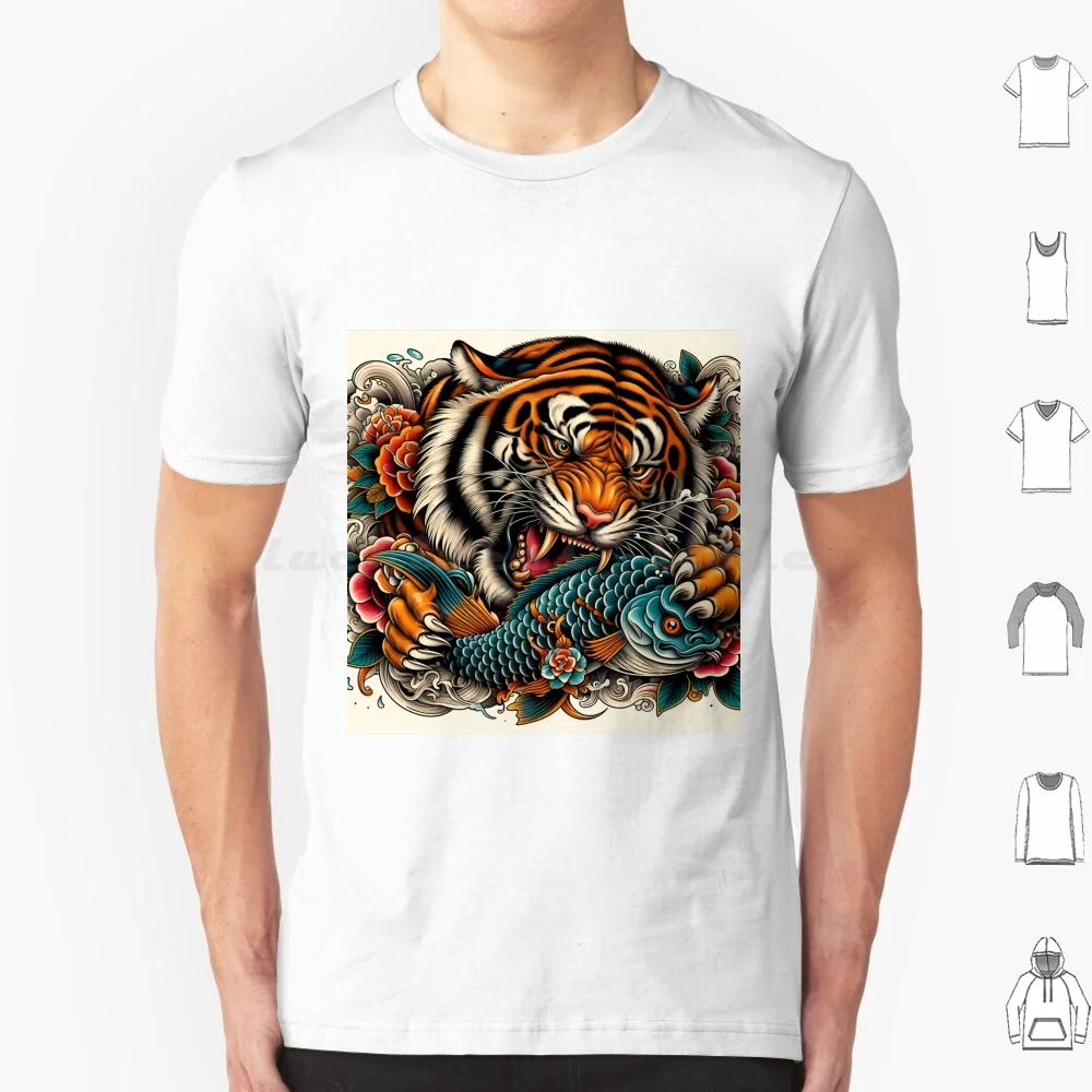 Fierce Tiger Grasping A Koi Fish T Shirt Big Size 100% Cotton Tiger Koi Fish Traditional Tattoo Tattoo Art Japanese Tattoo