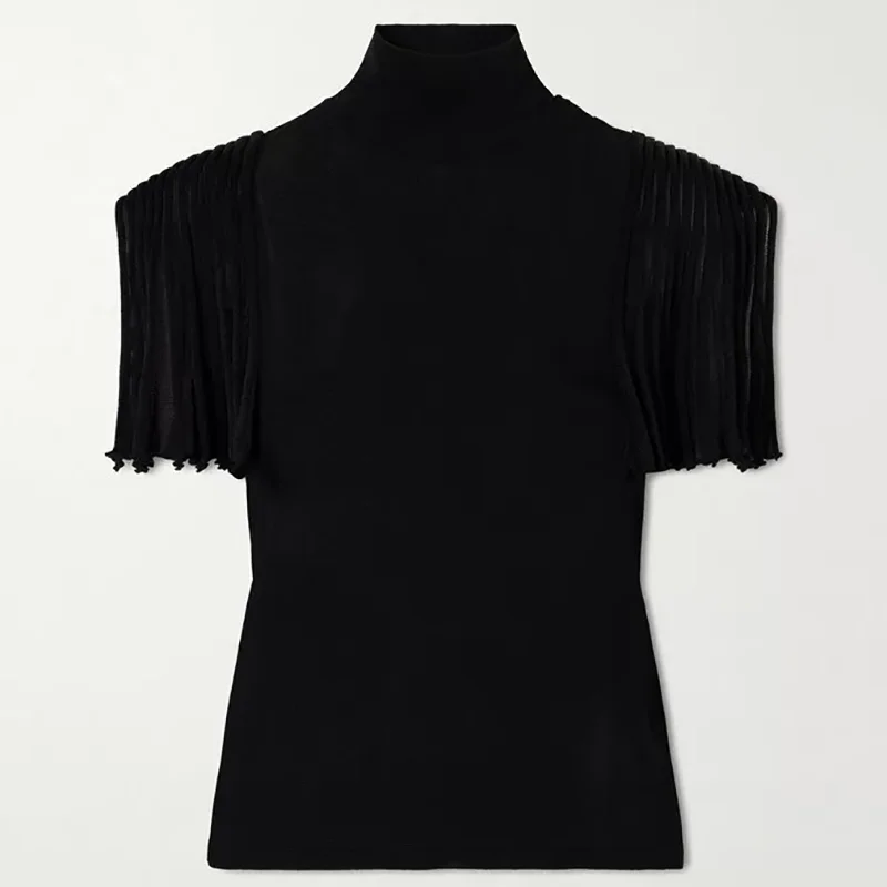 women's t-shirt New elastic slim fit short sleeved top for summer 2026 Half transparent women's corset Half high collar pullover