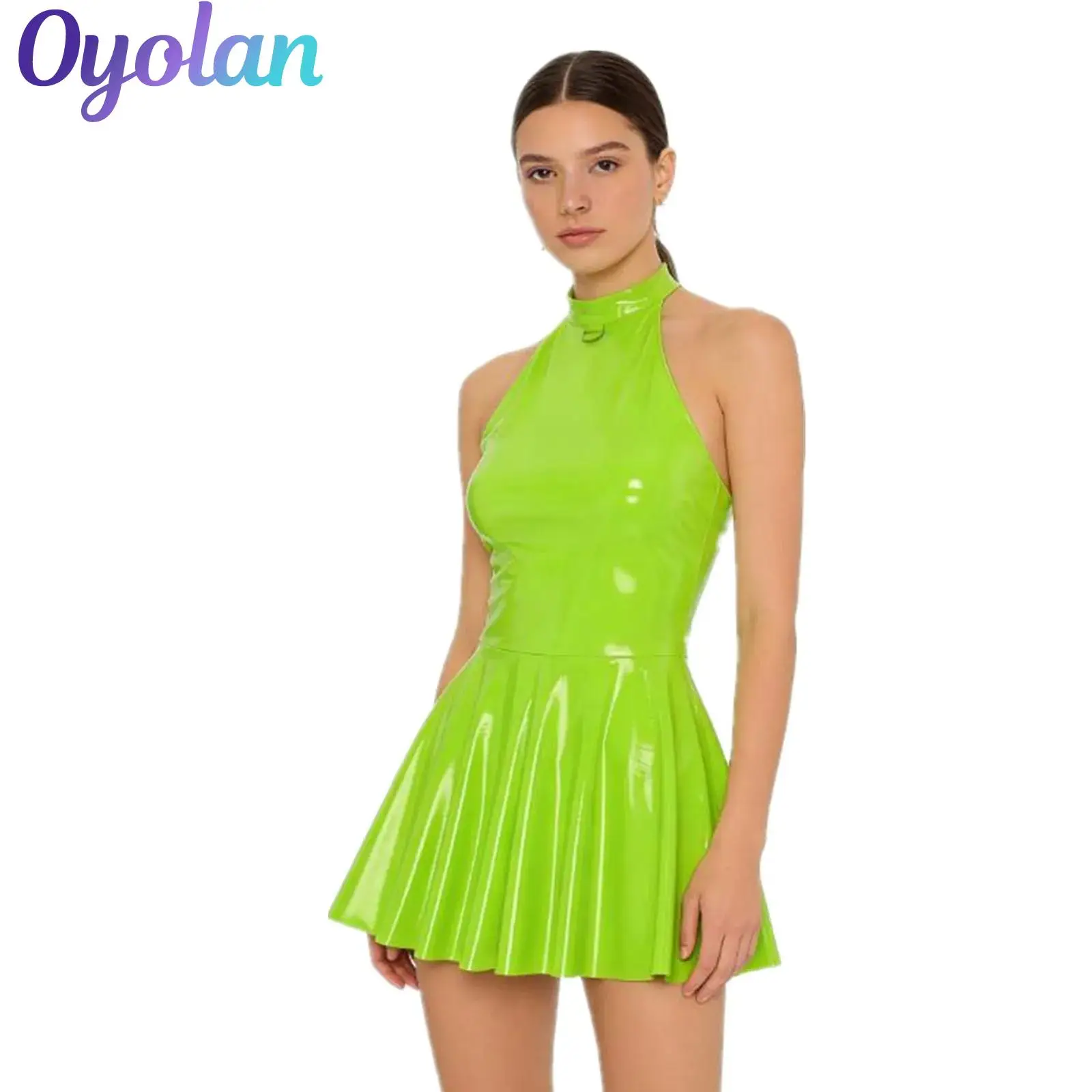 

Женская распашная юбка, мини-платье Skater, глянцевая лакированная кожа, глянцевое мини-латексное платье трапециевидной формы, клубная одежда Rave Disco Party Wetlook