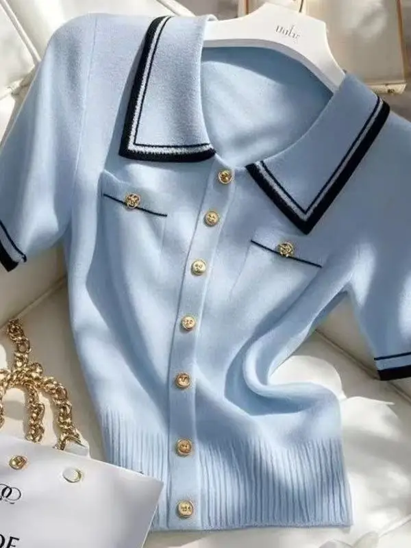 

Женская летняя трикотажная футболка Outlet Blue Collar с коротким рукавом, легкий люксовый стиль, приталенный крой, модный базовый топ