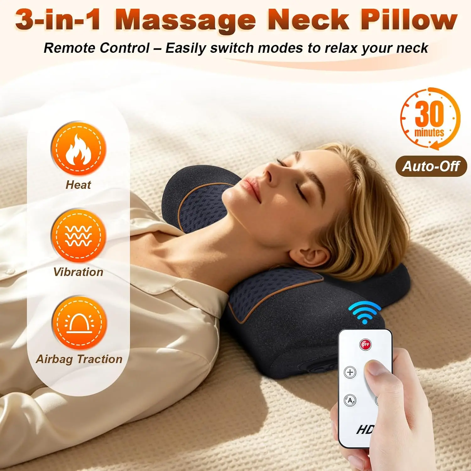 Upgraded 3-in-1 Neck Massager Pillow with Remote – Adjustable Cordless Neck Massager with Heat, Vibration & Traction, Neck Tract