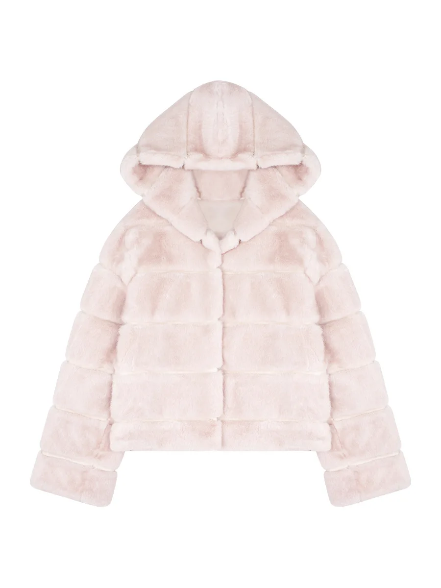 

Original Eco-Friendly Pink Faux Fur Coat Women's Winter Warmth Straight Hemline Long Sve ort Length Button Closure Jaet