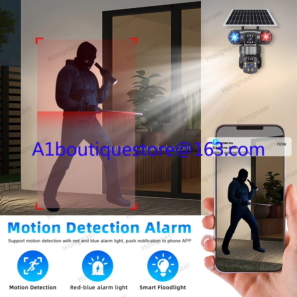 Hongna 8MP 3 Video Wireless Solar PTZ Camera V380 Pro 4k Dual Lens WiFi Outdoor 4g Sim Card CCTV Solar Security Camera