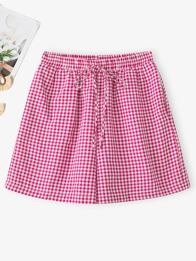 ZANZEA 弾性ウエストチェック柄ショーツカジュアル韓国スタイルボタン夏ショートパンツ 2025 ファッションヴィンテージポケットボトムス特大
