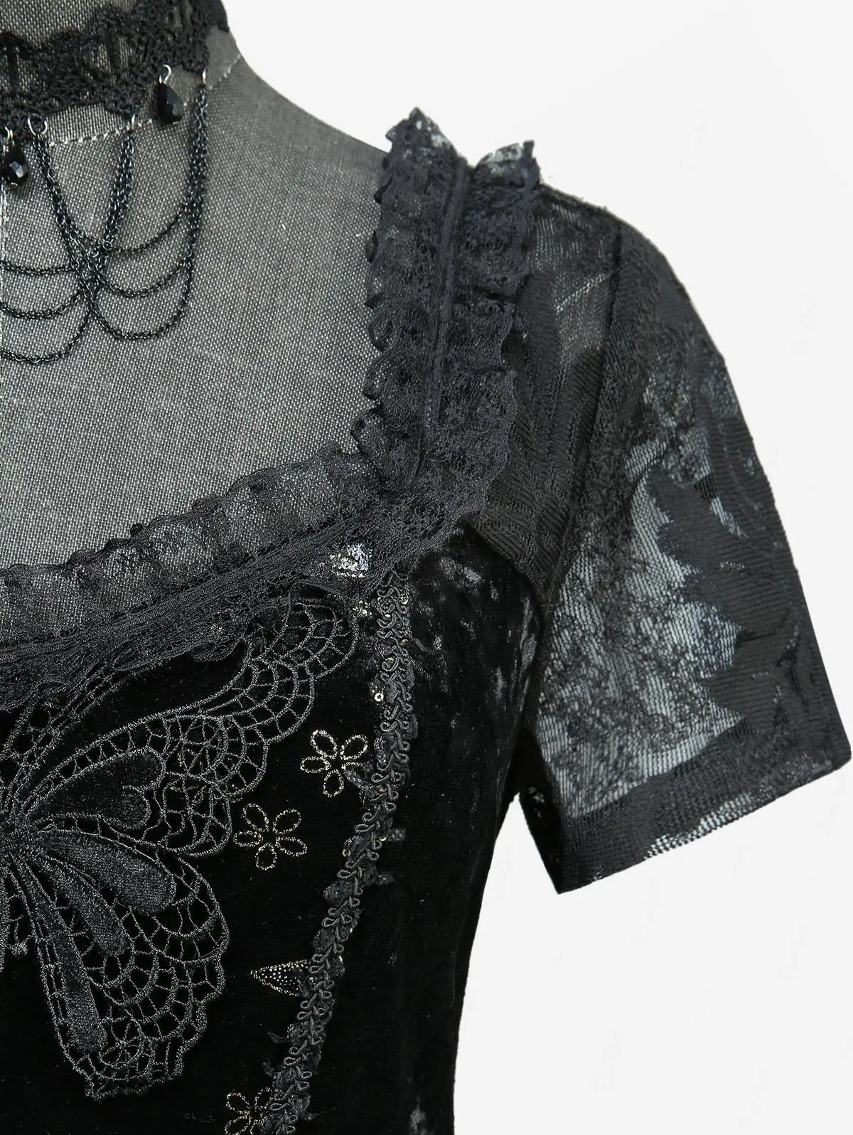 Hot Gothic Butterfly Appliques Flower Lace Dress 2026 New Black Ladies Spring Summer Square Collar Short Sleeves Mini Dresses