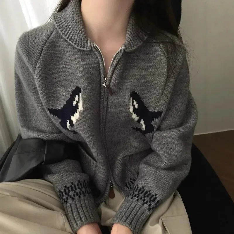 여성용 한국 스타일 만화 티슈 돌고래 라펠 지퍼 니트 카디건, 레트로 스웨터 재킷, 가을 및 겨울 신상