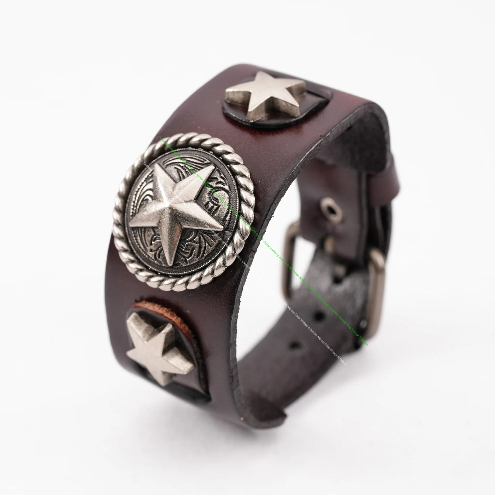 Star Button Style Metal Studded Genuine Punk Quality Wide Cowhide Leather Bracelet Cuff Wristband Bangle Brown