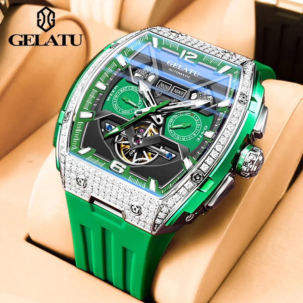 GELATU Men's Watch Hollow Out Skeleton Automatic Watch for Men Silicone Strap Dual Calendar Luxury Original Mechanical Man Watch