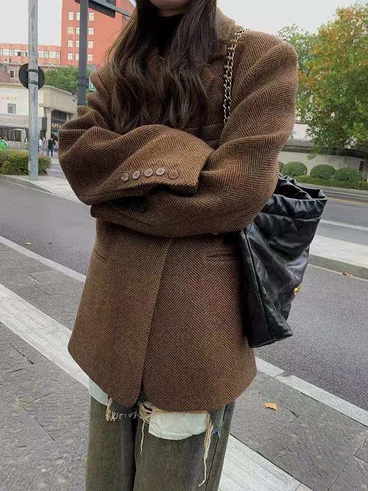 Vintage Faux Wool Suit Jacket Women Y2K Winter Thick Loose Streetwear Warm Casual Coats Korean Chic One Button Blended Blazers