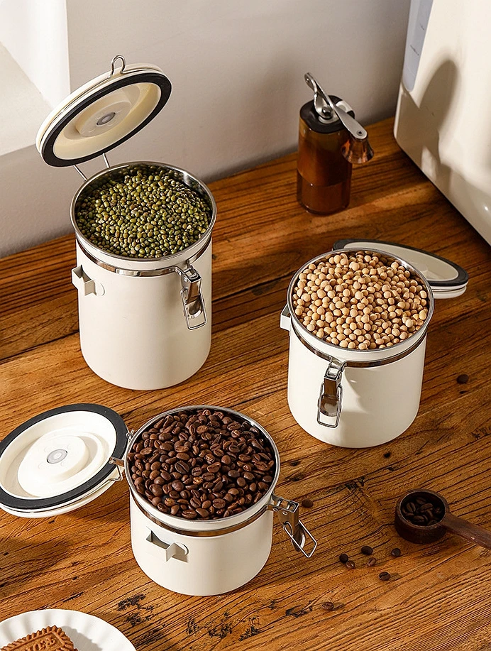 Coffee Bean Sealed Storage Jar 304 Stainless Steel Exhaust Valve Breathing Sealed Fresh Storage with Measuring Spoon