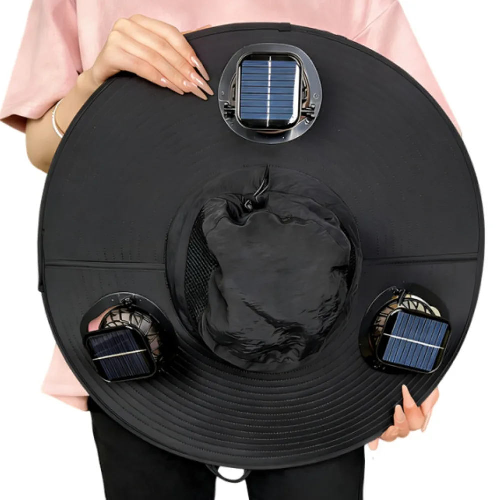 

3 Fans Solar Fan Hat UV Protection Breathable Wide Brim Sun Cap Lightweight Strong Wind Fishing Bucket Hat Outdoor Travel
