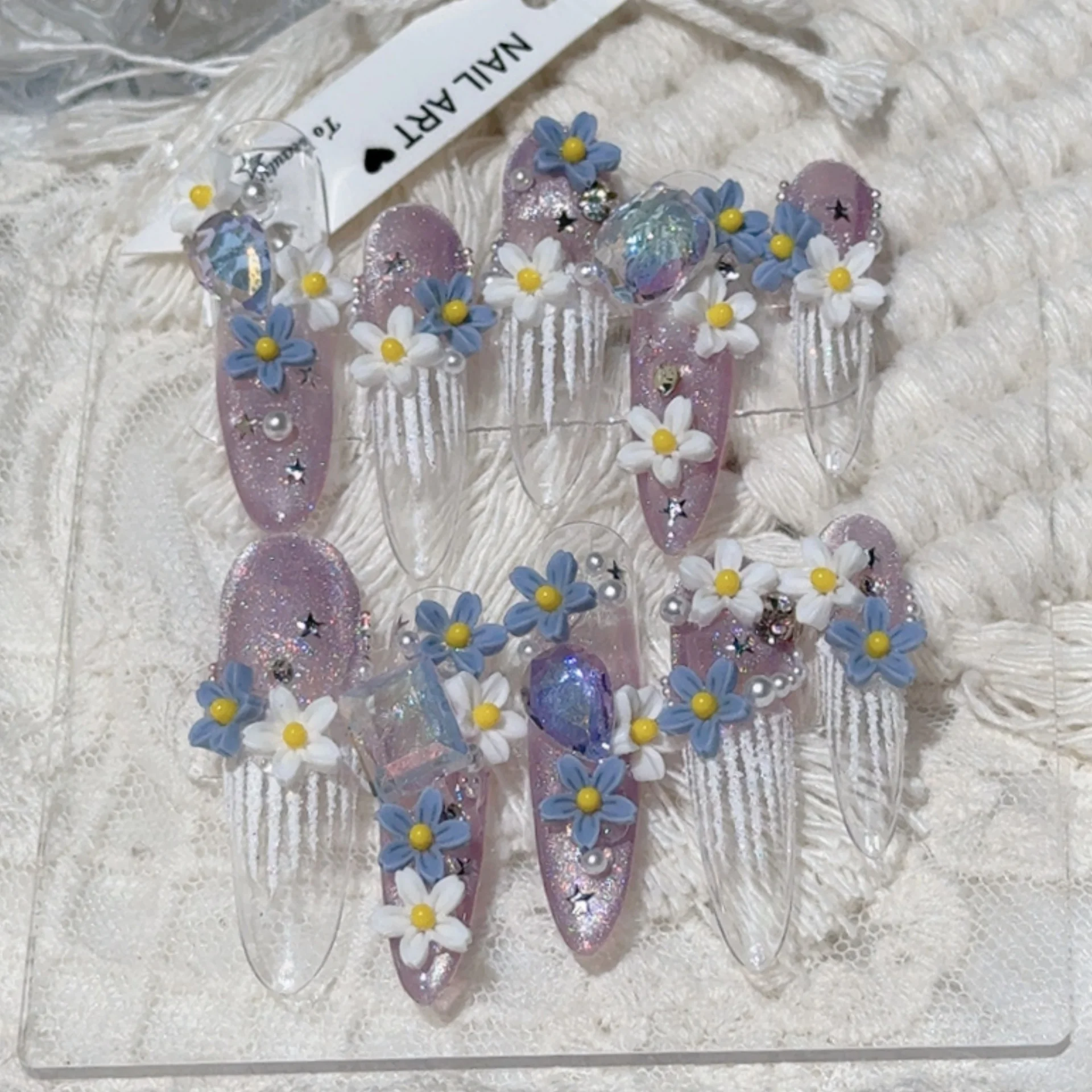 

10pcs Pearl Flower Design Press on Nails Handmade French Hyaline Long Almond Fake Nails Tip Handpainted Spring Purple False Nail