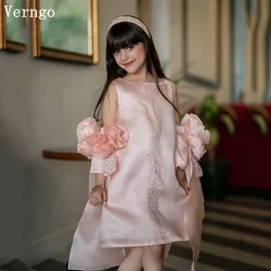 Verngo Pink Satin Girl Folwer Dress 3D Flowers Sequined Birthday Party Dresses Kid Princess Formal Occasion Dress Customized
