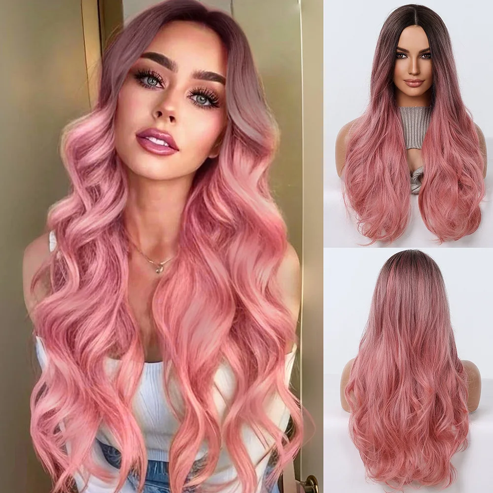 

European and American fashion women's wig pink gradual change wig full head cover chemical fiber high temperature silk synthetic