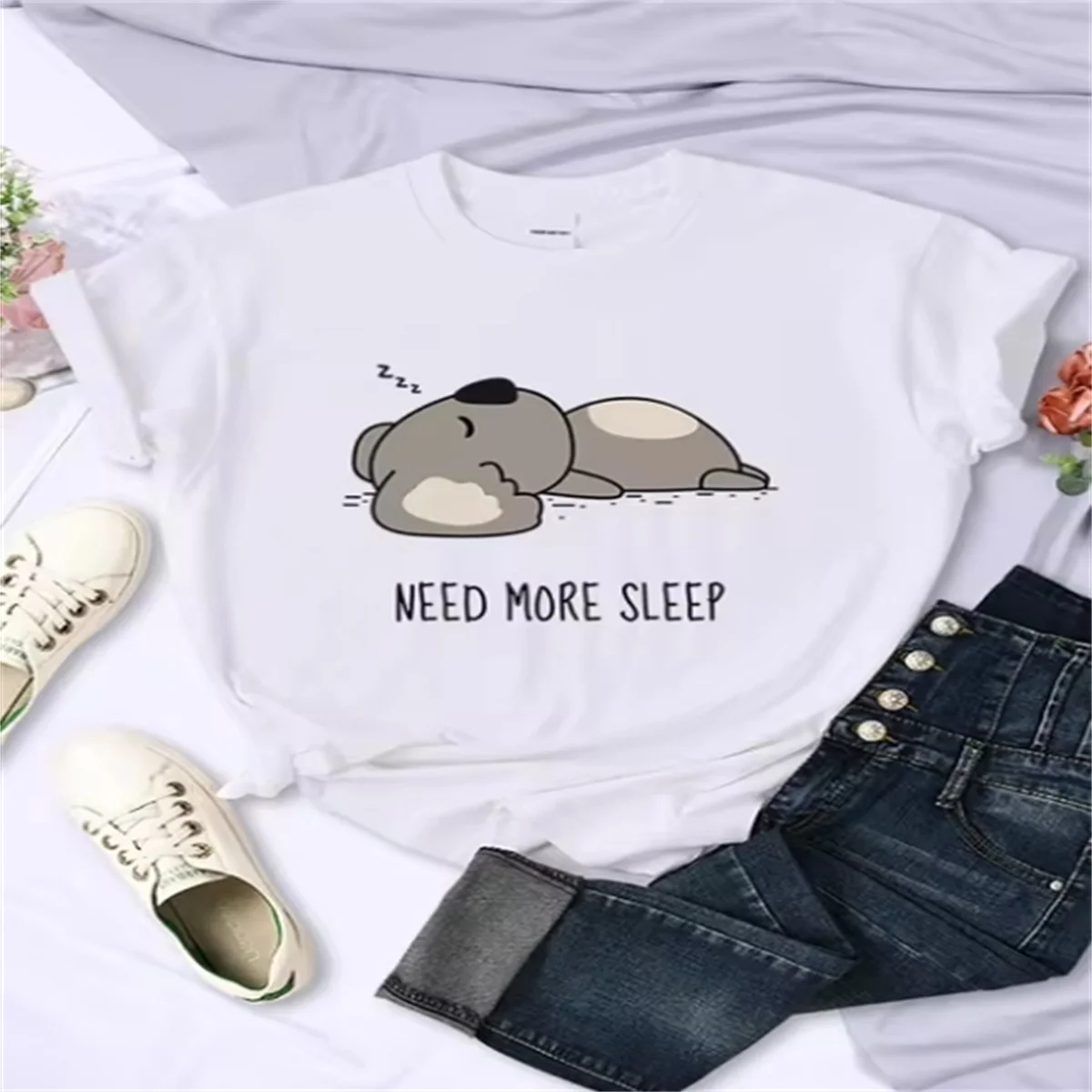 Summer Women's Short Sleeve Top Need More Sleep Cartoon Bear Ladies T-Shirt Street Everyday Casual Top Hip Hop Casual Clothing P