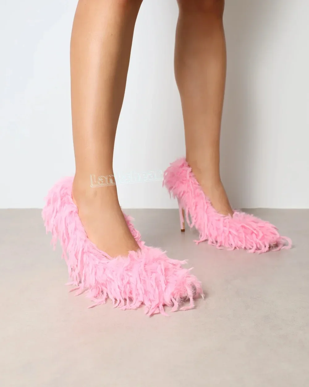 

Sweet Pink Faux Fur Women Pumps Round Toe Thin High Heels Pull-on Stilettos Slip-on Sexy Women Shoes Shollow Solid Sexy New