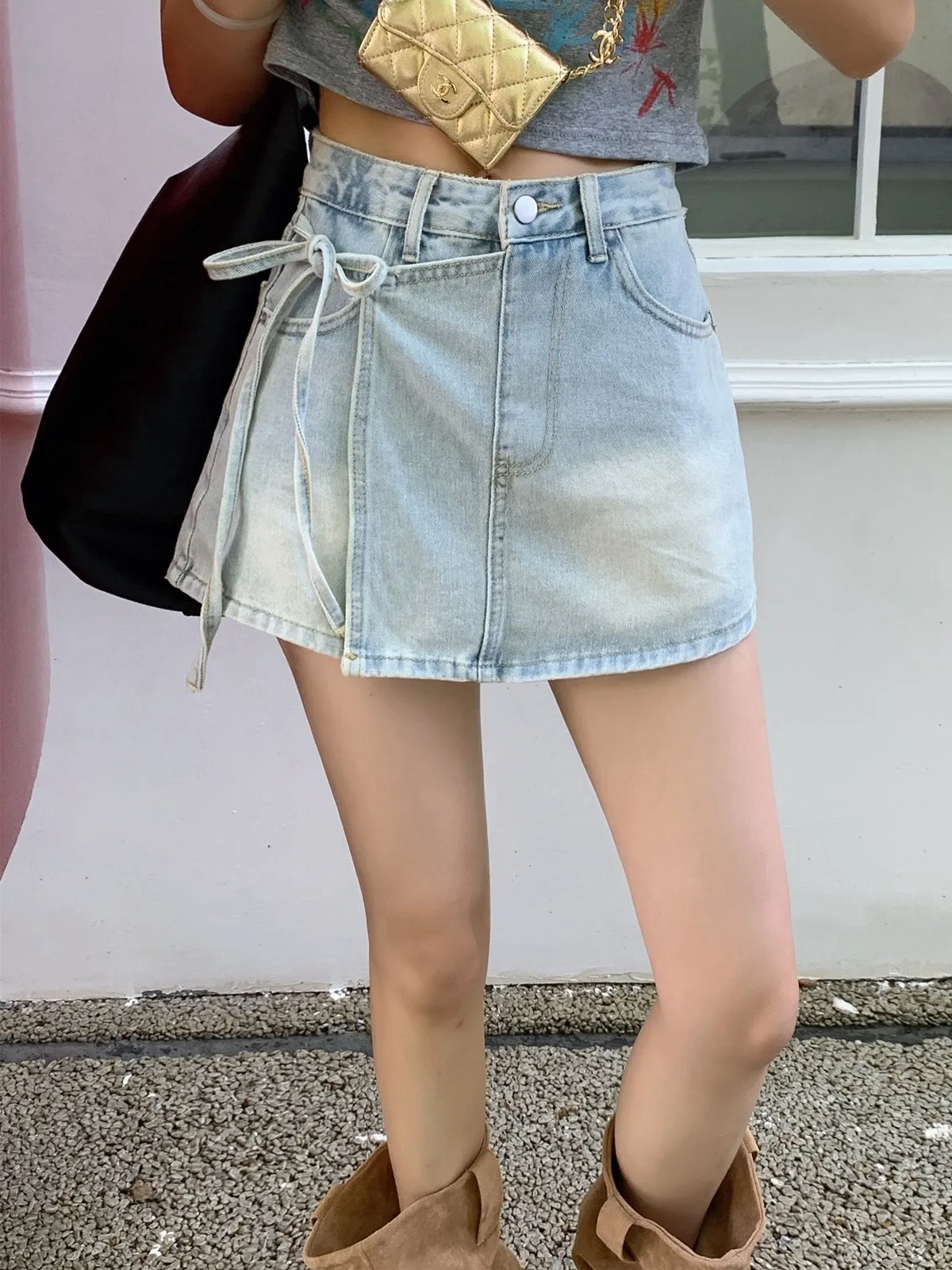 

ZHISILAO Classic Blue High Waist A-line Skirt Women Vintage Bandage Mini Denim Skirt Summer 2024