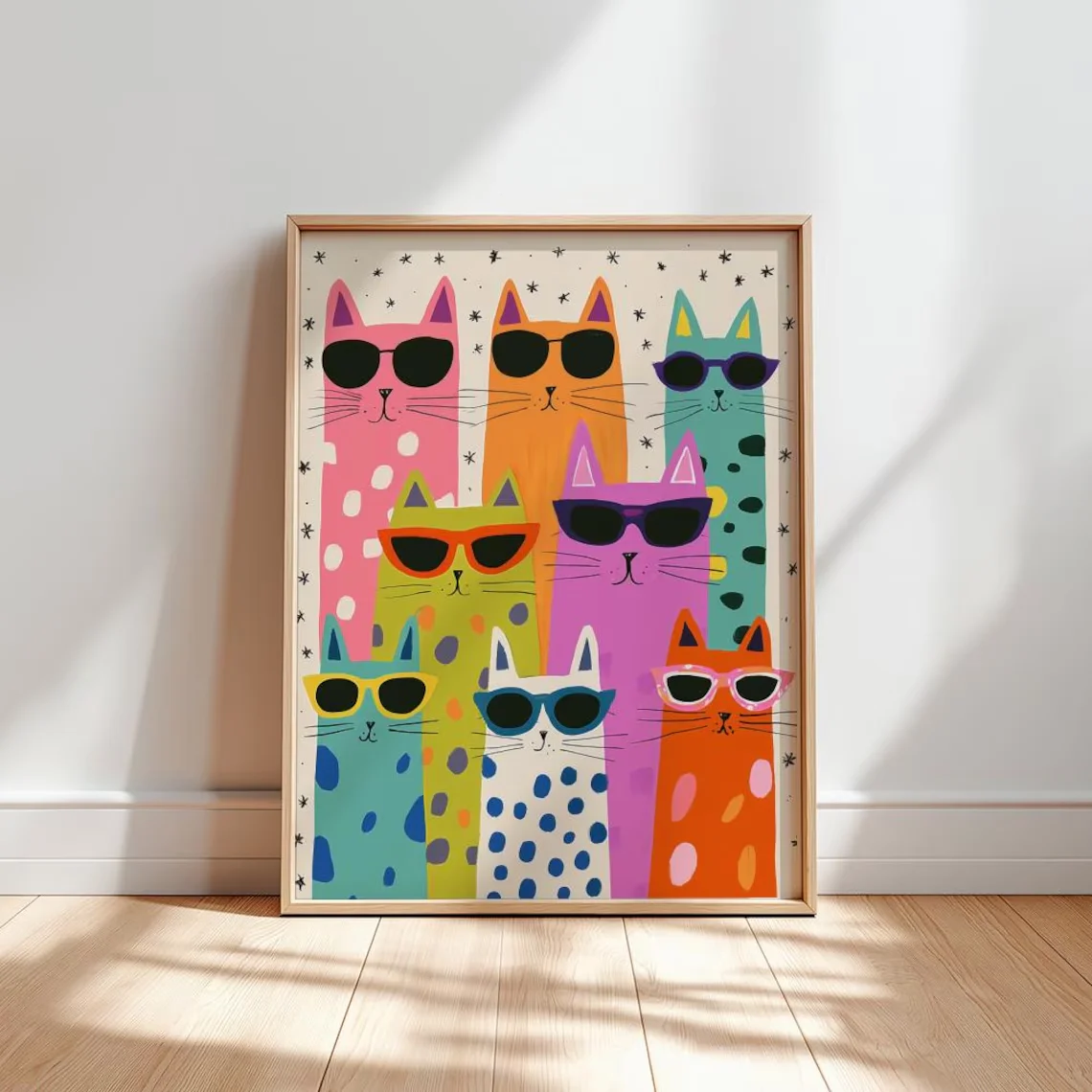 "Óculos de sol coloridos pastel com estampa de arte de parede de gato – Ilustração felina de fundo estrelado caprichoso, decoração de casa alegre e macia para Bri