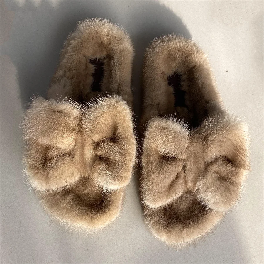 Luxury Designer Female Shoes Winter Slippers For Women Real Mink Fur Slides Rubber Flat Bottom Warm Soft Indoor Women  Slippers