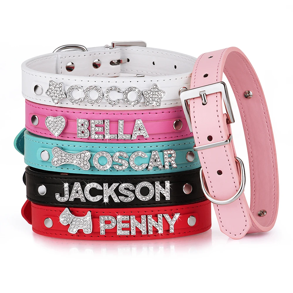 Personalized Leather Dog Puppy Collar Leash Set Bling Rhinestone Free Name Charms Collars For Small Medium Dogs Custom Necklace