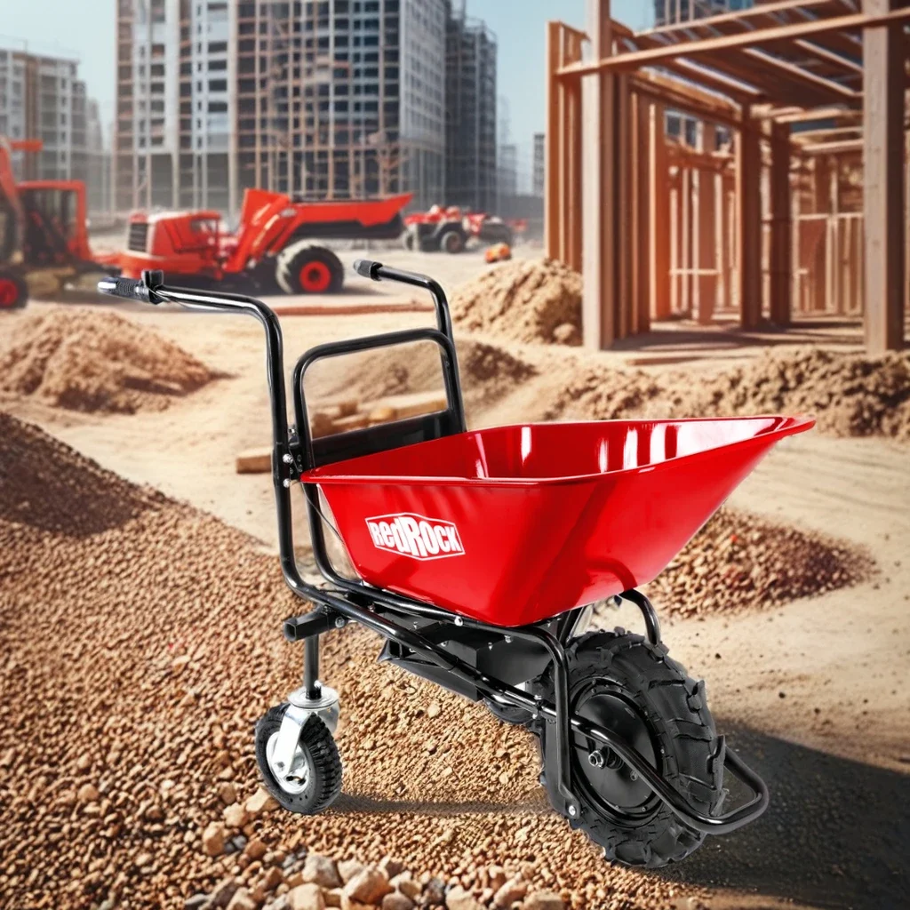 Motorized wheelbarrow wheelbarrow uses an electric 24v 250w Brushless motor system, powered by (2) 12v 12ah wheelbarrows