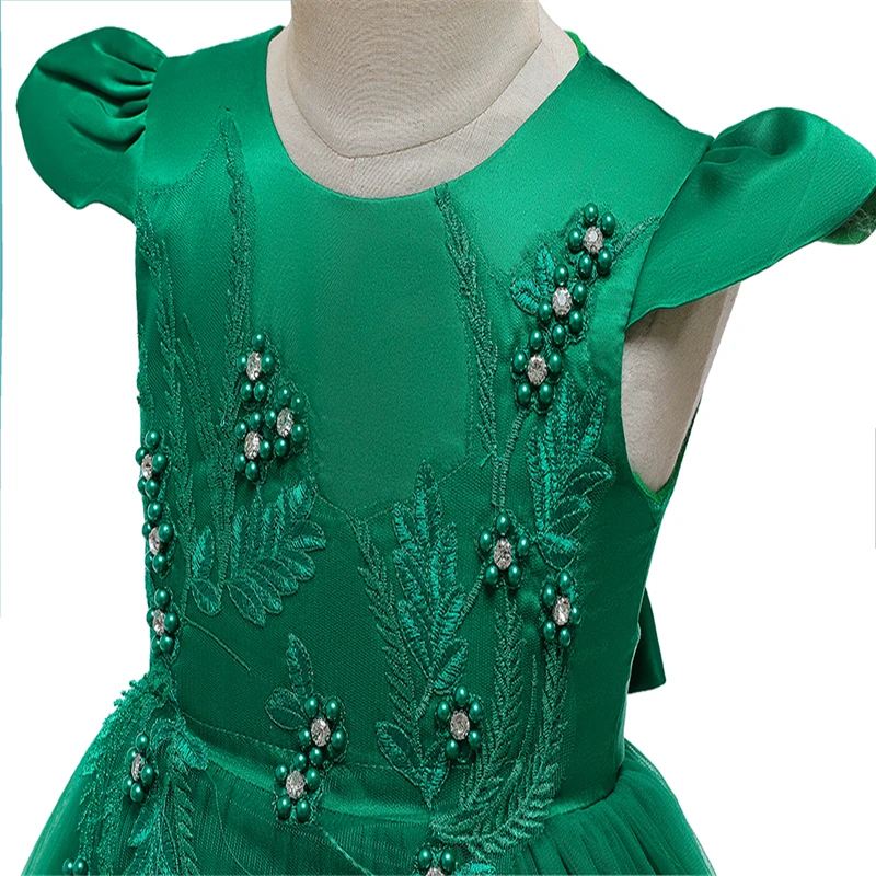 green Girl Embroidered Beaded Princess Dress For 3 to 12 Year Girl Tail Party Dress Kid School performance costumes