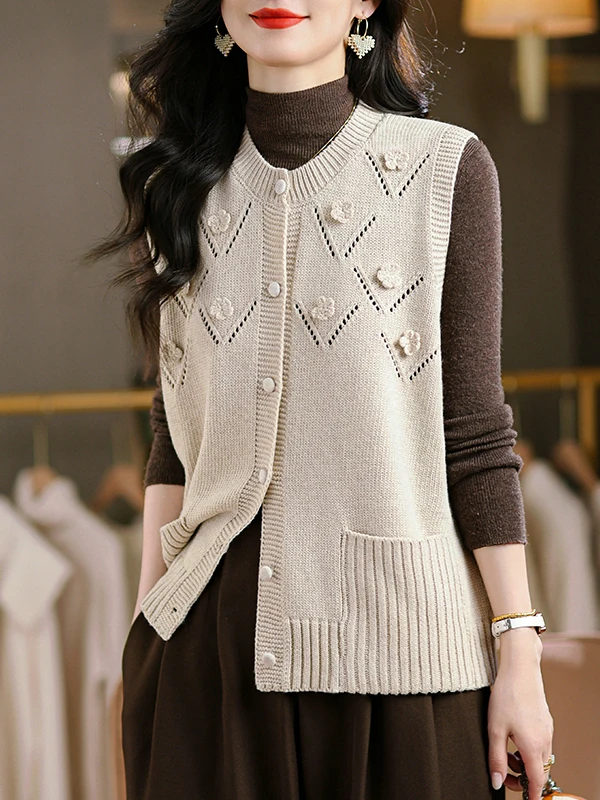 

Sli round Ne Knitted Vest Women's Open Cardigan Autumn New Sweateroulder Top Outerwear Faionable ort Length Warm