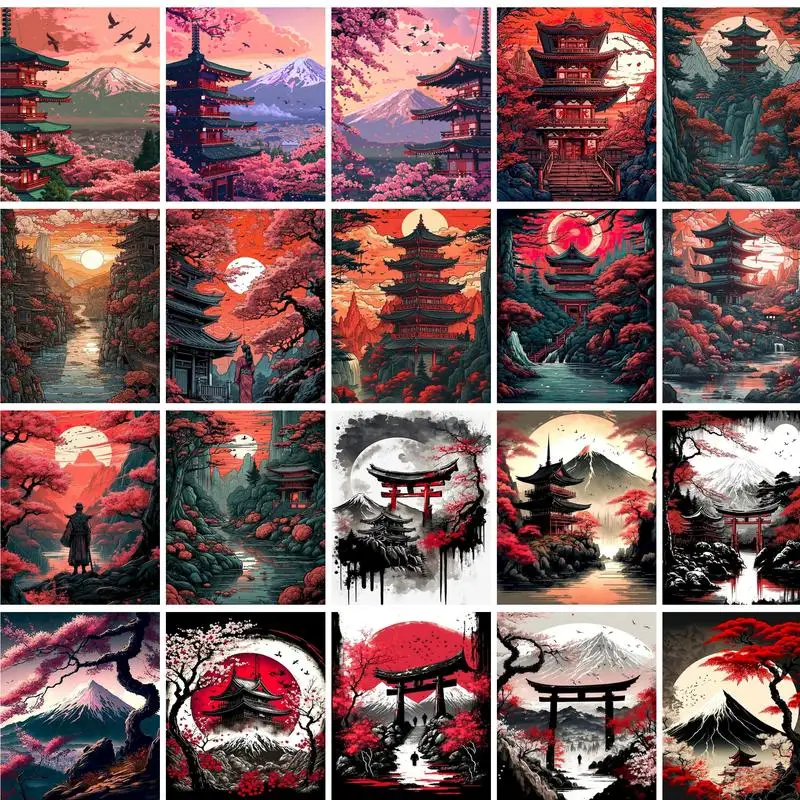 

GATYZTORY Scenery Painting By Numbers Oil HandPainted Acrylic Paint Sakura Pagoda Home Decors Adults Crafts On Canvas DIY Gift