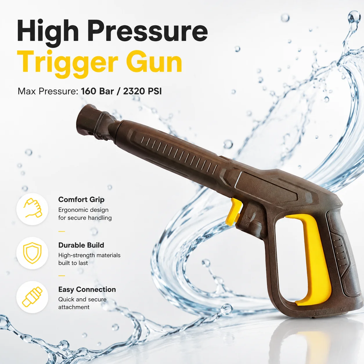 High Pressure Washer Trigger Gun With Click Inlet System, Ergonomic Handle, Fits K2-K7 Series
