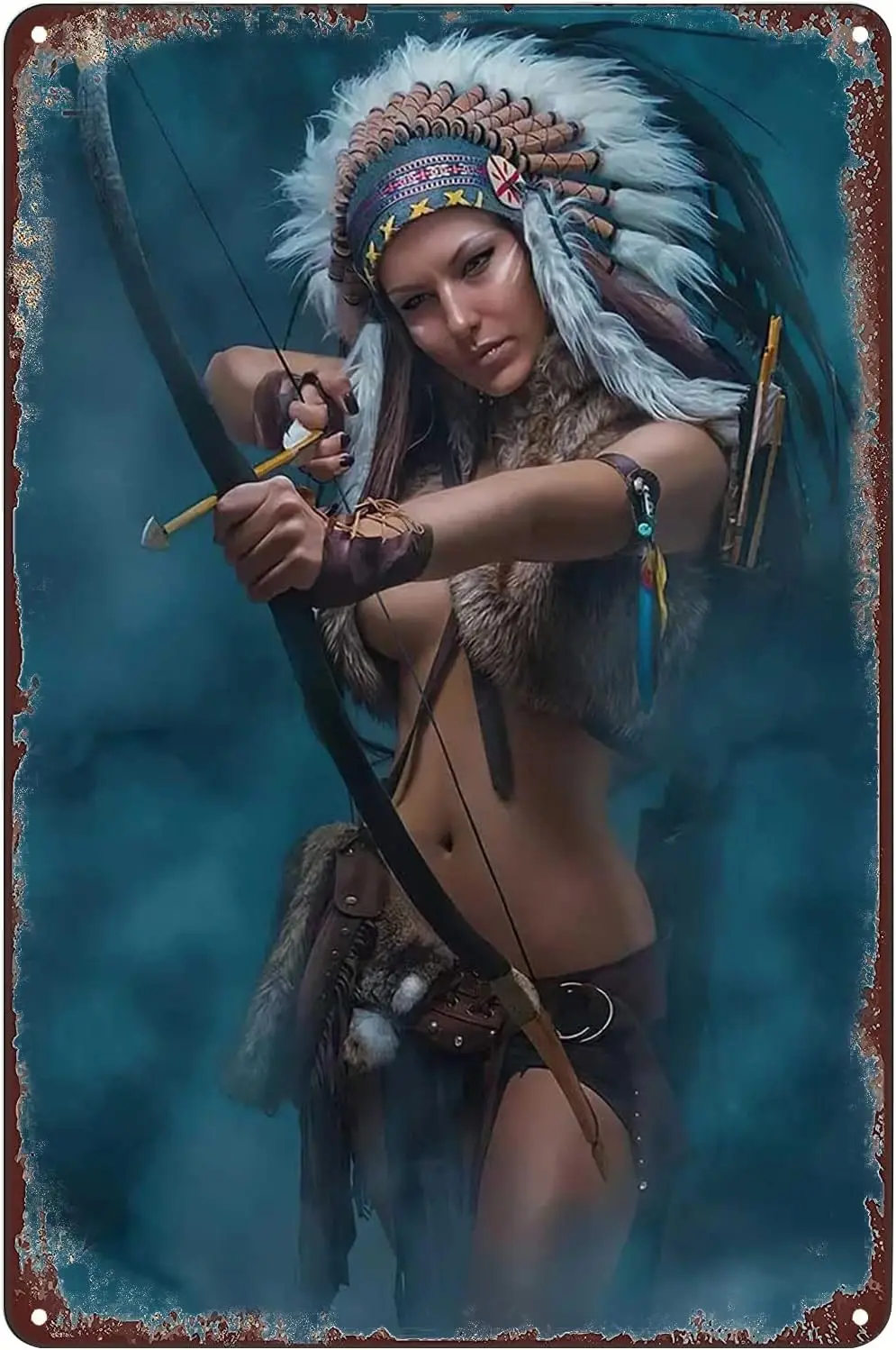 Vintage Metallschilder - Indianer-Mädchen Poster Sexy Frau Kopfschmuck Gefiederter Bogenschütze Blechschild Wandkunst Deko Plakette